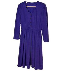 Vintage 80s Purple Dress Size 10 Button Scalloped V Neck Long Sleeve Modest READ